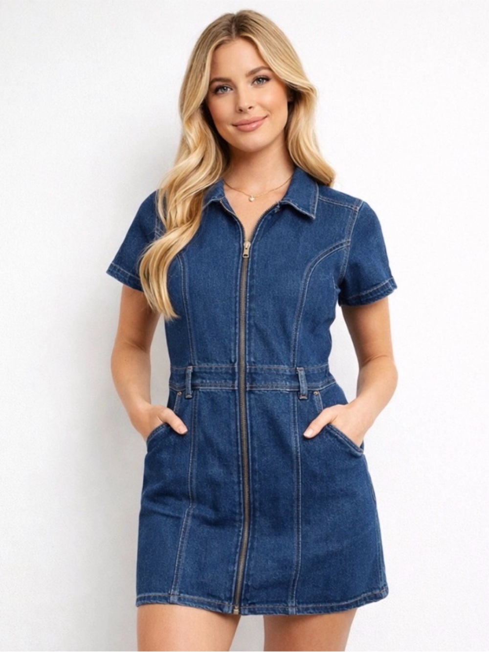 Hollister Denim Zip-Front Short Sleeve Collared Dress